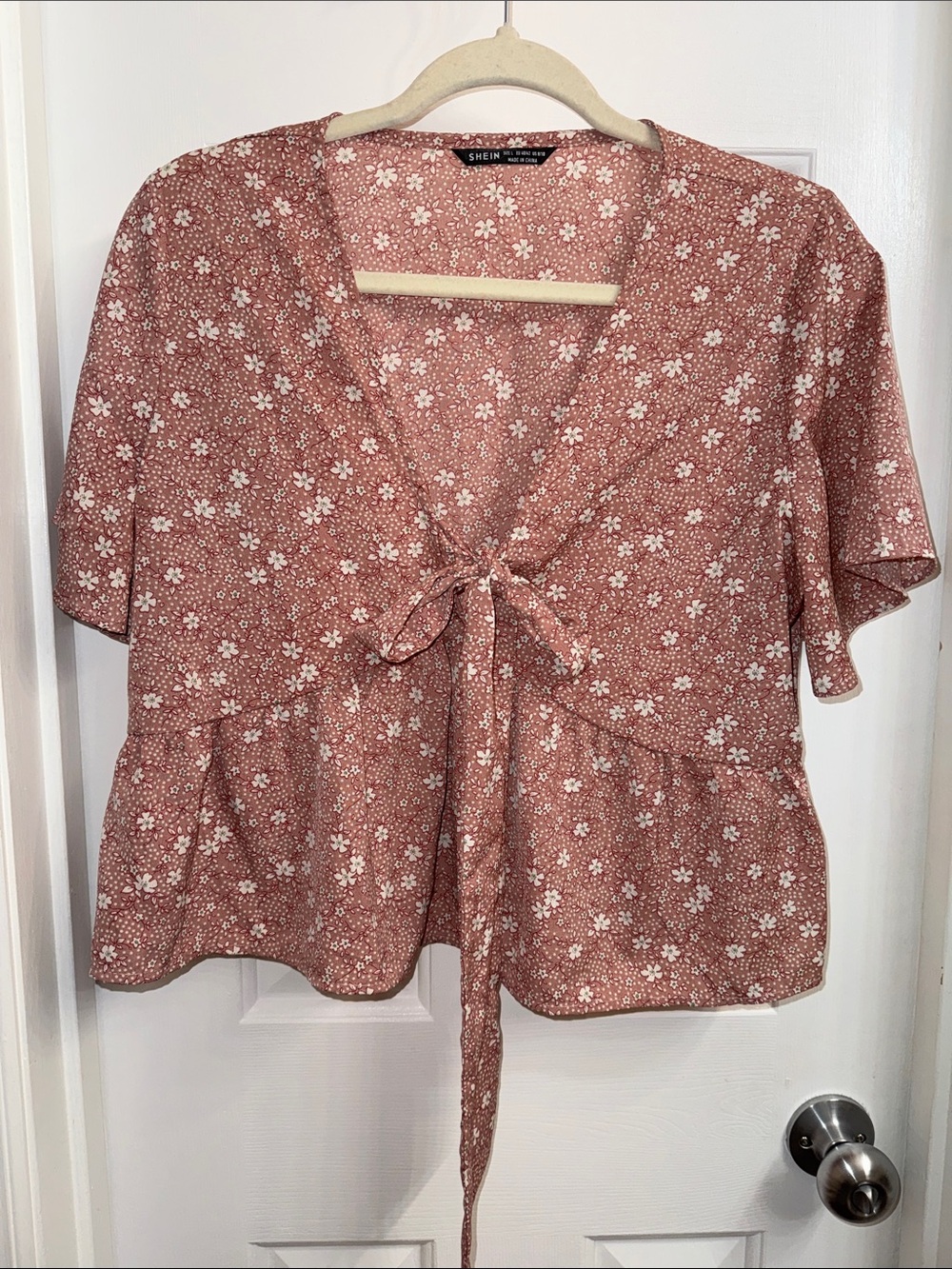 SHEIN Dusty Rose White Floral Tie-Front Peplum Blouse, Size 8/10